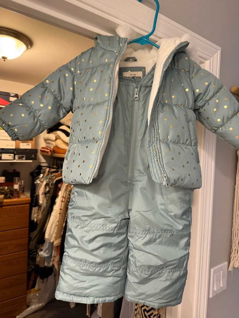 Oshkosh B’gosh Teal Puffer Jacket and Insulated Bib Snowset with Gold Dots